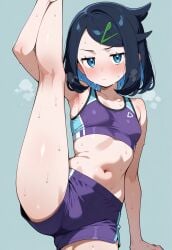 1girls ai_generated bare_thighs blue_eyes blush breasts dark_hair embarrassed female flat_chested hirari_(artist) leg_up legs_spread light-skinned_female liko_(pokemon) petite petite_female pokemon pokemon_(anime) pokemon_horizons small_breasts