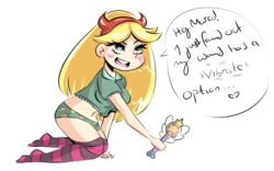 1girls ass blonde_hair blue_eyes breasts cheeky disney female_only grown_up kneeling marco_diaz panties print_panties royal_magic_wand shirt simple_background speech_bubble spoken_heart star_butterfly star_vs_the_forces_of_evil straight_hair text thiccster thighhighs vibrator wand white_background