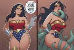 ai ai_generated breasts bustier clipboard dc dc_comics diana_prince female justice_league large_breasts phophopho superheroine tagme talking_to_viewer tentacle tentacle_in_mouth wonder_woman wonder_woman_(series)