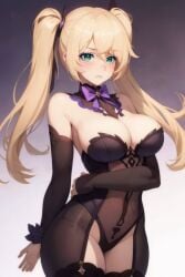 bare_shoulders blonde_hair blush bow bowtie breasts detached_sleeves female fischl_(genshin_impact) garter_belt garter_straps gradient green_eyes leotard long_hair medium_breasts purple_bowtie solo thighhighs twintails