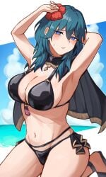 absurdres armpits arms_up bikini black_bikini black_cape blue_eyes blue_hair blue_sky blush breasts byleth_(fire_emblem) byleth_(fire_emblem)_(female) cape capelet cleavage closed_mouth cloud female female_byleth_(fire_emblem) female_byleth_(summer)_(fire_emblem) fire_emblem fire_emblem:_three_houses fire_emblem_heroes flower frown hair_flower hair_ornament hibiscus highres kashiwa_e3 large_breasts long_hair looking_at_viewer navel necklace nintendo ocean official_alternate_costume red_flower sideboob sky stomach sweat sweatdrop swimsuit thighs
