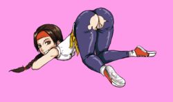 big_ass braid brown_eyes brown_hair cock-atrice doggy_style footwear fully_clothed grin headband king_of_fighters presenting pussy snk torn_clothes torn_pantyhose yuri_sakazaki