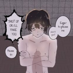 2boys 2d acne black_eyes black_nails dark_brown_hair dick_shadow digital_drawing_(artwork) digital_media_(artwork) eyebags felix_(plsbeg3ntle) guyliner looking_up looking_up_at_partner male mole moles nipples nude original original_characters overshadow penis penis_shadow plsbeg3ntle shadow sweat sweatdrop text text_bubble torso yaoi young