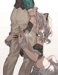 1boy 1girls absurdres alternate_costume animal_ears apron aqua_shirt aventurine_(honkai:_star_rail) black_gloves blush bracelet cat_ears choker crop_top cum cumdrip enmaided female frilled_choker frilled_wrist_cuffs frills gloves grey_hair hands_on_another's_thighs highres honkai:_star_rail honkai_(series) hoyoverse ikasuyosei implied_fellatio jewelry maid maid_apron maid_headdress male midriff mihoyo multiple_rings open_fly pants ponytail ring shirt stelle_(honkai:_star_rail) thigh_strap three-quarter_sleeves trailblazer_(honkai:_star_rail) watch white_background wrist_cuffs wristwatch