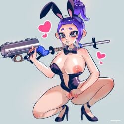 1girls 2won2 alternate_version_at_source areolae big_breasts blue_hair blush blushing_at_viewer bowtie bowtie_collar breasts bunny_costume bunny_ears bunny_girl bunnysuit cleavage e-liter female grey_eyes heart heels high_heels light-skinned_female light_skin looking_at_viewer navel nintendo nipples octoling octoling_girl ponytail pulling_clothing pussy simple_background smile smiling smiling_at_viewer solo splatoon splatoon_(series) splatoon_3 squatting twowontwo
