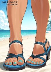 1girls ai_generated artifactglitch beach beach_background blue_toenails brazilian_miku feet feet_focus foot_fetish futanari hatsune_miku heels tanlines tanned tanned_skin toes vocaloid watermark