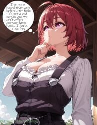 ahoge ai_art ai_assisted ai_generated bangs belt black_belt breasts cleavage closed_mouth cloud collarbone cow_girl_(goblin_slayer) day english_text female frills from_below goblin_slayer hair_between_eyes hand_on_own_chin large_breasts long_sleeves oujisan outdoors overalls patreon patreon_url patreon_username purple_eyes red_hair self_upload shirt short_hair sky solo tagme thinking thought_bubble upper_body white_shirt