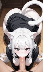 1boy 1female 1girls 1male ai_generated ass big_ass big_breasts black_eyes black_hoodie black_skirt black_thigh_highs black_thighhighs blowjob breasts breasts_out cat_ears cat_girl cat_tail catgirl cock door female hoodie_up male male_pov pale-skinned_female penis pov white_hair white_panties
