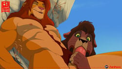 2boys anhes balls black_hair black_hair_bottom disney domination fellatio furry gay happy_trail kovu light_hair_on_dark_hair lion male male_only muscular nipples oral penis pubic_hair red_hair red_hair_on_black_hair red_hair_top simba the_lion_king yaoi