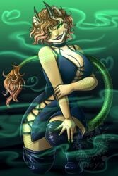 2025 absurd_res anthro artist_name big_breasts black_dress blonde_hair boots bovid breasts caprine cat_nose chimera colored cougar curled_tail curly_hair digital_drawing_(artwork) digital_media_(artwork) fan_character felid female female_focus female_only goat goat_horn green_eyes green_nails green_smoke green_theme heart_symbol hi_res horn kneeling lion lion_ears mammal multicolored_hair open_mouth provocative red_hair reptile scalie scaly_tail shaded sharp_teeth signature smoke snake snake_eyes solo solo_female solo_focus tail_brush tail_tuft tasseya thick_thighs unusual_anatomy unusual_tail url watermark wide_hips