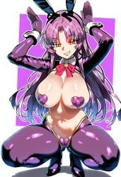 ai_generated bunny_pose bunnysuit cameltoe eiyuu_densetsu large_breasts pasties purple_hair renne_bright reverse_bunnysuit smirk squatting sweeetdonnut trails_of_(series)
