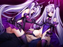 1boy 2girls ahoge amakubo_kaede amakubo_yuri ass bare_shoulders black_gloves breasts censored clothing_aside covered_navel cowgirl_position cunnilingus dark_persona elbow_gloves ffm_threesome flat_chest game_cg gloves grin group_sex hair_intakes hair_ornament highleg highleg_leotard holding_hands inoino interlocked_fingers kouyoku_senki_exs-tia large_variant_set leotard leotard_aside long_hair multiple_girls non-web_source official_art open_clothes oral purple_leotard pussy pussy_juice red_eyes rextia_lili rextia_mei shimaidon_(sex) siblings sisters sitting sitting_on_face sitting_on_person skirt smile straight thigh_grab thighhighs thong_leotard threesome twintails variant_set very_long_hair white_hair