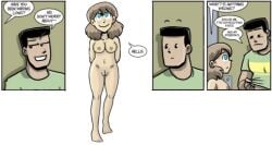 2boys arms_behind_back bald blue_eyes blush breasts brown_hair clothed_male_nude_female comic english_text exhibitionism facial_hair female male multiple_boys nipples nude old pussy smile speech_bubble