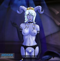 1girls abs alien ardham bedroom big_breasts big_hips blizzard_entertainment blue_eyes blue_skin breasts curvaceous curvy draenei female garter_belt garter_straps gloves heroes_of_the_storm hips horns large_breasts lingerie pin-up pin_up pubic_hair pussy smile stockings stomach tail tendrils text url warcraft watermark white_hair world_of_warcraft wow yrel