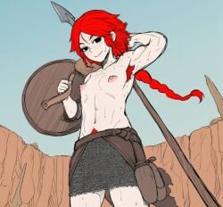 1girls ai_generated armored_female armpits black_eyes breasts canyon chainmail female fit flat_chested freckles fur_skirt knight leather_armor novelai outside pale-skinned_female pale_skin ponytail red_hair small_breasts smirk spear topless weapon