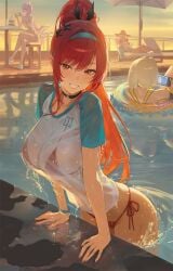 1girls 4girls bikini black_choker blonde_hair blush breasts choker closed_eyes closed_mouth commentary crossed_legs cup dorothy_(nikke) dorothy_(serendipity)_(nikke) elegg_(boom_and_shock)_(nikke) elegg_(nikke) english_commentary female goddess_of_victory:_nikke hair_intakes highres holding holding_cup large_breasts long_hair looking_at_viewer multiple_girls official_alternate_costume outdoors parasol pink_hair ponytail pool rapi_(nikke) rapi_(red_hood)_(red_flavor)_(nikke) red_bikini red_eyes red_hair rucarachi shirt short_hair short_sleeves sitting smile solo_focus swimsuit t-shirt umbrella wet wet_clothes