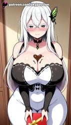1girls 2025 ai_assisted ai_generated anime artist_name blush box breast breasts breasts breasts bust butterfly_hair_ornament candy chest chocolate cleavage echidna_(re:zero) explicit female food gift gift_box hair_between_eyes hair_ornament heart heart-shaped_box heart-shaped_chocolate hi_res high_quality high_resolution highres holding holding_gift long_hair looking_at_viewer patreon patreon_username re:zero_kara_hajimeru_isekai_seikatsu silver_hair skypassion smile solo stable_diffusion valentine watermark white_hair