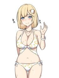 bangs bikini blonde_hair blue_eyes blush bracelet breasts cleavage closed_mouth collarbone cowboy_shot female floral_print hair_ornament hand_up heart hololive hololive_english hololive_myth jewelry medium_breasts monocle_hair_ornament navel print_bikini smile solo sweat swimsuit virtual_youtuber watson_amelia waving