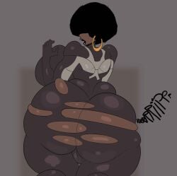 1girls afro ass_bigger_than_head asscheeks back_view big_ass big_breasts big_hips big_thighs black_hair black_lips black_lipstick bodysuit bottom_heavy breasts cameltoe clothes_ripping commission dark-skinned_female dark_skin dudetherealest earrings exposed_ass female gold_earrings gold_jewelry hair_covering_eyes huge_ass huge_hips huge_thighs jewelry looking_back mizu-e143 mizu_(mizue143) open_mouth ripped_bodysuit simple_background solo solo_female tearing_clothes text tight_bodysuit tight_clothing tight_fit top_heavy useless_clothing voluptuous voluptuous_female