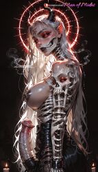ai_generated balls black_lipstick black_sclera bone bones breasts demon demon_girl demon_horns erect_penis erection female futanari horror horror_(theme) horsecock intersex large_breasts long_hair manofmidas nipple_piercing pale_skin penis red_eyes ribs side_view skull skull_face smoke white_hair white_skin