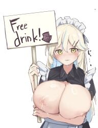 apron black_shirt black_skirt blonde_hair blue_hair blush breast_sucking_invitation breastless_clothes breasts collared_shirt colored_inner_hair embarrassed english_text female female_focus frilled_apron frills hair_between_eyes hair_ornament hair_ribbon hairclip highres holding holding_sign huge_breasts kakurega lactation large_areolae long_hair looking_at_viewer maid maid_apron maid_headdress milk-tank milk_tank-chan_(kakurega) multicolored_hair nipples original ribbon shiny_skin shirt short_sleeves sign simple_background skirt solo sweatdrop swept_bangs two-tone_hair upper_body waist_apron wavy_mouth white_apron white_background yellow_eyes