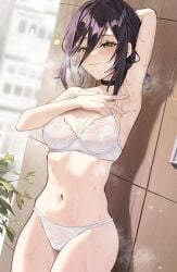 1girls areola_slip arm_behind_head armpits black_choker black_hair blush bra breasts cameltoe chainsaw_man choker closed_mouth fang_qiao female female_only green_eyes hair_between_eyes highres looking_at_viewer medium_breasts medium_hair midriff navel panties presenting_armpit reze_(chainsaw_man) solo spread_armpit steam sweat thighs underwear white_bra white_panties
