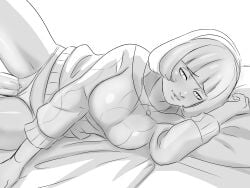 1boy 1boy1girl 1girls ai:_the_somnium_files black_and_white blush breasts deareditor fringe hairband hips hitomi_sagan necklace on_bed on_side panties penis pillow pussy short_hair sketch sweat sweater thick_thighs vaginal_juices vaginal_penetration white_background