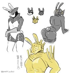 3boys armor ass bubble_butt bunny_ears colored_sketch dark_souls dark_souls_3 fromsoftware helmet knight knight_lautrec_of_carim male male_only male_playboy_bunny omochi_anko3 ringfinger_leonhard sir_vilhelm sketch_page
