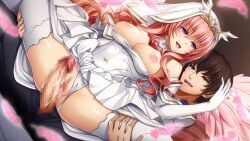 1boy :d black_pants blush breasts breasts_out bridal_veil brown_eyes brown_hair censored clothes_lift clothes_pull clothing_aside covered_navel detached_collar dress dress_lift dress_pull dutch_angle elbow_gloves feathers female game_cg gem gloves imminent_penetration inoino kouyoku_senki_exs-tia large_breasts large_variant_set leotard leotard_aside long_hair mosaic_censoring nipples non-web_source official_art open_mouth pants penis pink_hair purple_eyes pussy red_gemstone rieszverne_suzette_paladill shihou_souma shiny_skin smile spread_legs straight thighhighs tiara variant_set veil very_long_hair wedding_dress white_dress white_gloves white_thighhighs