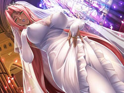 blush breasts bride church cleavage curvy dark-skinned_female dark_skin dress erect_nipples female happy huge_breasts indoors ingrid_(taimanin_asagi) kagami_hirotaka lilith-soft lipstick long_hair looking_at_viewer makeup nipples no_bra parted_lips pink_hair purple_lipstick shiny shiny_skin solo standing taimanin_(series) taimanin_asagi taimanin_asagi_battle_arena tears wedding_dress yellow_eyes