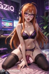 1girls ahoge ai_generated artist_name atlus bare_shoulders bed behind-the-head_headphones black-framed_eyewear black_bra black_thighhighs blunt_bangs blush bottomless bow bra breasts cleavage collarbone computer dildo dildo_in_pussy dildo_insertion dildo_riding female female_masturbation garter_belt glasses headphones hi_res indoors kneeling lingerie lips long_hair looking_at_viewer masturbation medium_breasts navel object_insertion on_bed open_mouth orange_hair panties patreon_username persona persona_5 persona_5_royal progenarts purple_eyes pussy pussy_juice sakura_futaba sex_toy solo stomach teeth thighhighs thighs tongue tongue_out uncensored underwear upper_teeth_only vaginal_insertion vaginal_masturbation vaginal_penetration