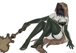 big_breasts black_gloves black_legwear blonde_hair boots breasts bustier cleavage dark_souls dark_souls_2 desert_sorceress elbow_gloves female female_only fromsoftware full_body garter_straps gloves grey_body grey_skin high_heel_boots high_heels hood hood_up john_fox long_hair looking_at_viewer mole_on_breast pale-skinned_female pale_skin sitting smile solo thick_thighs thigh_boots veil