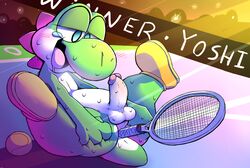 anal anal_masturbation anal_sex anthro balls blush clothing erection footwear green_yoshi humanoid_penis improvised_dildo improvised_sex_toy lemon_smoothie male male_only male_penetrated mario_(series) mario_tennis masturbation nintendo open_mouth penetration penis saliva solo solo_male spread_legs spreading sweat tears tennis_racket tongue video_games yoshi