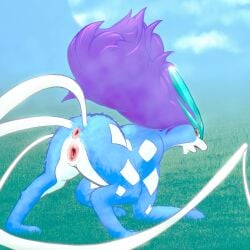 2023 animal_genitalia animal_vulva anus ass ass_up big_hair blue_body blue_fur blue_sky chin_spikes clitoris cloud crouching crystal crystal_horn day detailed_background digitigrade facial_spikes female female_feral feral fur generation_2_pokemon genitals grass hair horn legendary_pokemon long_tail looking_at_viewer looking_back nintendo open_mouth orange_eyes outside plant pokemon pokemon_(species) presenting presenting_anus presenting_hindquarters presenting_vulva pseudo_horn purple_hair rear_view sky solo spikes spikes_(anatomy) suicune tail thick_thighs thin_tail tohjoma vulva white_body white_fur