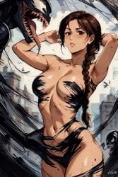1girls 1monster ai ai_generated blush braid breasts brown_eyes brown_hair female handcannonerase lara_croft large_breasts marvel nsfw nude symbiote tomb_raider venom_(marvel)