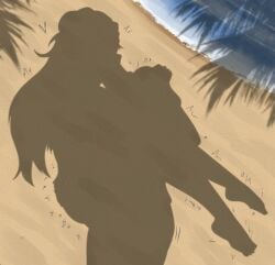 1boy beach bleach carrying carrying_person cowboy_shot female fuzzlogik highres male motion_lines nelliel_tu_odelschwanck ocean palm_tree sand sex shadow standing standing_sex tree trembling water