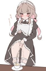 apron bar_censor black_dress blunt_ends blush brcl7777 brown_hair censored cleft_of_venus closed_mouth clothes_lift commentary cup dress dress_lift embarrassed female frilled_apron frills lifting_own_clothes long_hair maid maid_apron maid_headdress original peeing peeing_in_cup plate pussy raised_inner_eyebrows red_eyes simple_background solo sweatdrop teacup thighhighs translation_request urine white_apron white_background white_thighhighs
