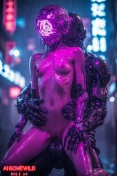 ai_generated breasts cybernetic_arm cybernetic_limb cybernetics cyberpunk cyberpunk_2077 neon_lights pussy sexy_pose vagina
