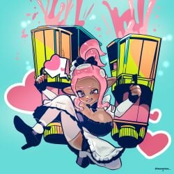 1girls 2won2 alternate_version_at_source big_breasts blush bow bowtie breasts dark-skinned_female dark_skin female heart heels high_heels holding_weapon maid maid_dress maid_headdress maid_outfit maid_uniform nintendo octoling octoling_girl pink_eyes pink_hair ponytail smile smiling solo splatoon splatoon_(series) splatoon_2 tenta_missles thighhighs twitter_username twowontwo upskirt