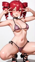1girls ahoge ai_generated armpits ass_visible_through_thighs belly big_breasts bikini blush blush breasts choker double_v female female_only granat_ai heeled_shoes kasane_teto large_breasts leopard_print leopard_print_bikini micro_bikini midriff navel one_eye_closed partially_visible_vulva peace_sign petite petite_female plump plump_thighs red_eyes red_hair shiny_skin shoes side-tie_bikini simple_background slim_girl slim_waist solo solo_female squatting thick_thighs thighs tongue tongue_out twin_drills utau vulva white_background wide_hips wink winking