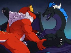 2boys 3_toes 4_fingers anal anal_sex anthro anthro_on_feral ass back beard big_ass big_penis blue_background blue_eyes blue_skin boner bracelet claws cum cum_in_ass cum_inside cum_on_self cum_while_penetrated cumshot dinosaur dragon duo ejaculation erection eye_contact eyewear facial_hair fangs feral fur gay glasses half-closed_eyes hands-free horn horns interspecies iriedono jewelry long_neck male male_only mature_male missionary_position muscular muscular_male nintendo nude open_mouth orange_eyes orgasm original_character penetration penis pokémon_(species) pokemon pokemon_xy purple_penis purple_skin red_skin saliva scalie smile spread_legs spreading teeth thick_thighs tongue tongue_out trembling tyrantrum valeron veins veiny_penis video_games white_fur white_skin yaoi zoophilia