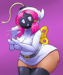 1girls 2018 ass big_ass big_breasts bob-omb bottomless bottomless_footwear bottomless_hoodie bottomless_skirt breasts bubble_butt chubby clothing dark-skinned_female dark_skin eyelashes fellatio_gesture female female_only gesture hair handjob_gesture hoodie humanoid inviting_to_sex mario_(series) mask mataknight nintendo no_panties outta_sync pink_hair purple_background sexually_suggestive shirt shy-bomb shy_gal simple_background skindentation socks solo standing suggestive_gesture thick_thighs thighhighs thighs upskirt wide_hips zettai_ryouiki