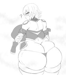 1girls aged_up ass_cleavage assassin_of_black back_view bandage bare_shoulders big_breasts black_and_white blush busty butt_crack curvy dat_ass eyelashes fate/apocrypha fate_(series) female female_only gauntlet hourglass_figure human jack_the_ripper_(fate/apocrypha) looking_at_viewer looking_back midriff monochrome older pose posing rinsu scar shiny shiny_skin short_hair simple_background sketch solo standing thick_thighs thong voluptuous white_background wide_hips