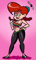 1girls aunt_grandma brown_hair cartoon_network cleavage female gloves green_eyes looking_at_viewer navel pink_background propeller_hat shiny_hair smirk solo thong uncle_grandpa yoga_pants