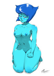 bedroom_eyes blue_hair blue_skin breasts female_only front_view lapis_lazuli_(steven_universe) navel numinex pussy simple_background sitting solo steven_universe white_background