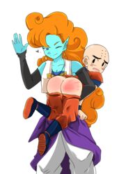 1boy 1girls adrienoir alien_girl ass bald blue_eyes blue_skin blush blushing breasts butt_crack carrying dominant_female domination dragon_ball dragon_ball_z embarrassed female femdom handprint heart human humanoid krillin kuririn lifted_by_another long_ears long_hair male malesub orange_hair pants_down pirate pointy_ears punishment punishment_spanking race_of_hera red_ass size_difference smaller_male smile spanked spanking submissive_male teasing wink winking zangya