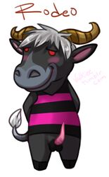 2013 anatomically_correct anatomically_correct_penis animal_crossing animal_genitalia animal_penis anthro balls biped black_balls black_hooves blush bottomless bovid bovine bovine_penis brown_horn bull cattle character_name clothed clothing darkened_genitals dot_eyes english_text erection furry grey_body grey_hair grey_tail hair half-closed_eyes hands_behind_back hooves horn looking_away male mammal muzzle_(marking) nintendo penis pink_penis red_eyes rodeo_(animal_crossing) sheath shirt simple_background smile snout solo standing tail_tuft tapering_penis text tuft two_tone_tail url valkiee video_games white_background white_tail