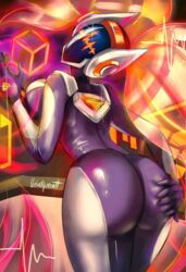 1girls ass ass_grab big_ass big_breasts boots breasts dancing dj_sona dj_sona_concussive female_only headphones helmet latex league_of_legends red_hair skin sona_buvelle suit text velvetqueenh watermark