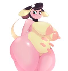 1girls 2018 anthro arms_behind_back belly big_areola big_ass big_breasts big_ears big_nipples black_hair black_nose blue_eyes blush bovine breasts chubby erect_nipples female female_only furry hair hi_res horn horns huge_areolae huge_ass huge_breasts huge_nipples large_ass large_breasts looking_at_viewer miltank nintendo nipples nude overweight overweight_female pink_fur pink_skin pokémon_(species) pokemon pokemon_gsc pokemorph pussy short_hair simple_background smile solo standing tacdoodles tail teats thick_thighs tumblr udders video_games white_background yellow_fur yellow_skin