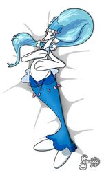 1girls anus bed belly big_tail blue_eyes blue_fur blue_hair clitoris eyelashes female female_only fizzpop flat_chest hand_on_belly hand_on_chest long_hair looking_at_viewer mammal marine nintendo nude on_back on_bed pinniped pokémon_(species) pokemon pokemon_sm ponytail primarina pussy simple_background smile solo tail text very_long_hair video_games watermark white_background white_fur wide_hips